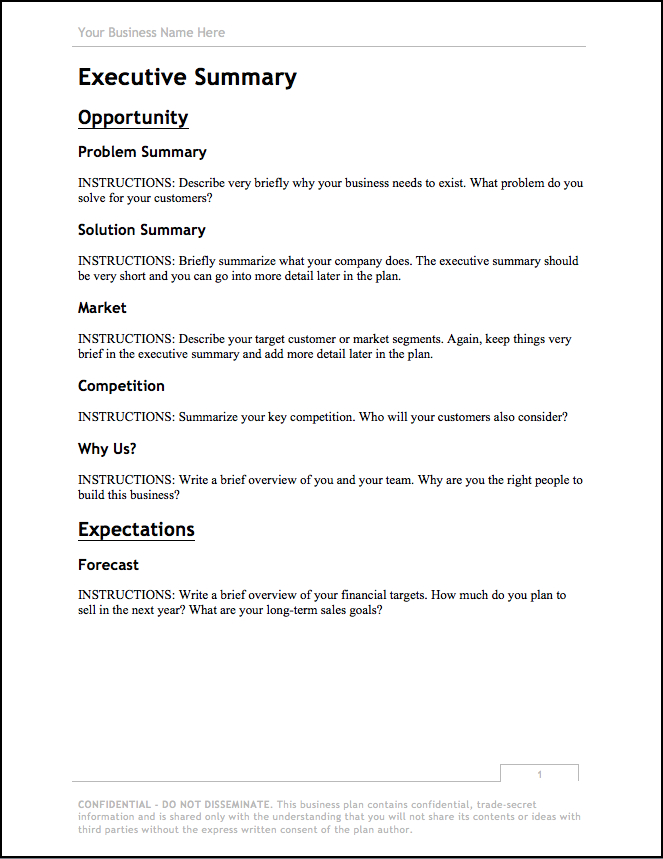 1 Business Plan Template For A Small Business within Business Paln Template