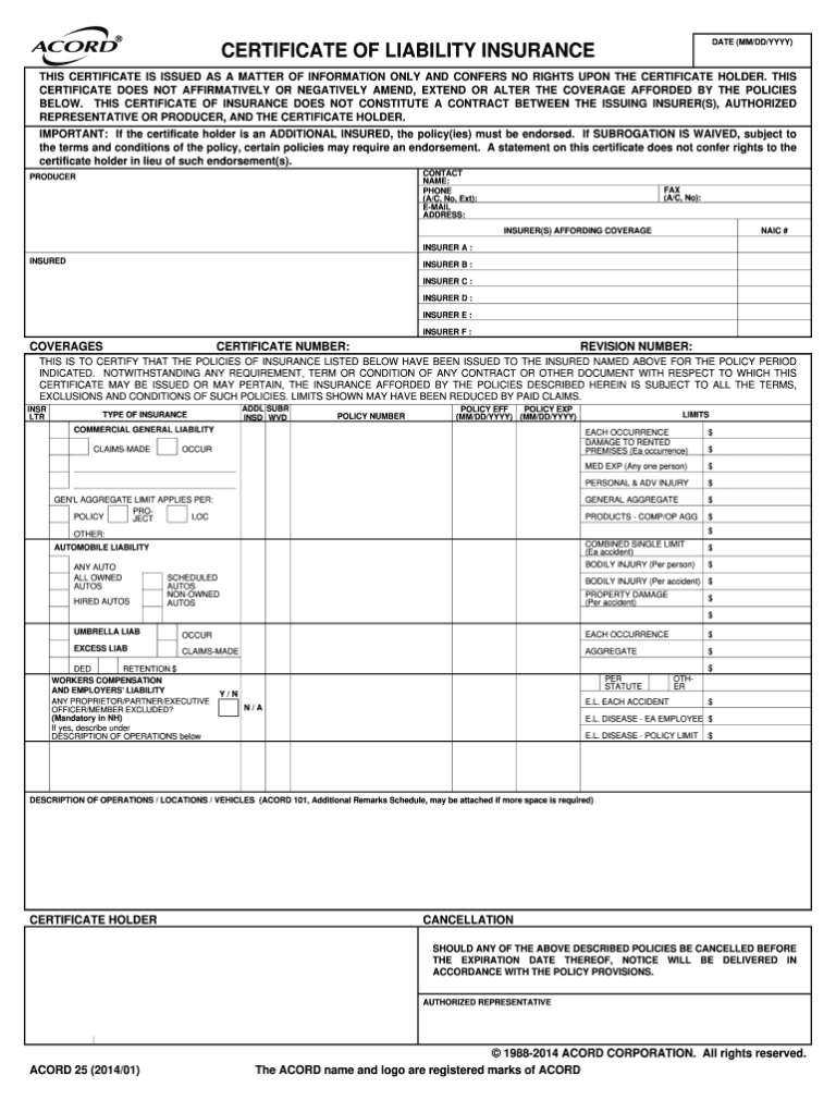 2014 2019 Form Acord 25 Fill Online, Printable, Fillable throughout Certificate Of Liability Insurance Template