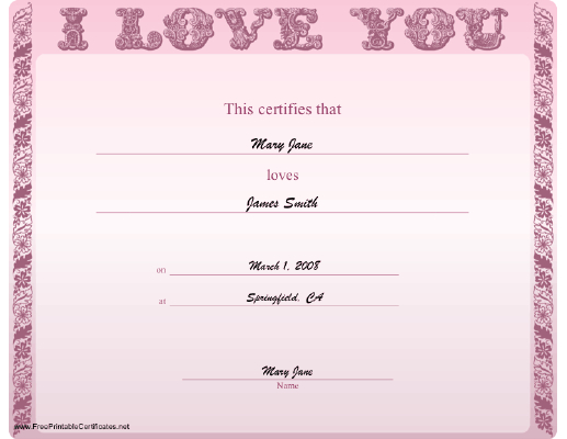A Lacy Purple Romantic Certificate Saying, Simply, I Love in Love Certificate Templates