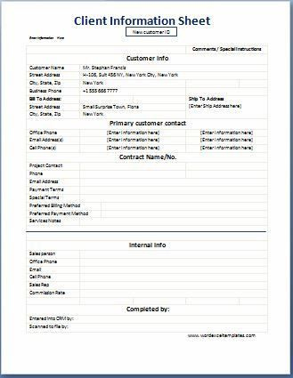 Business Format Client Information Sheet Word Excel intended for Business Information Form Template