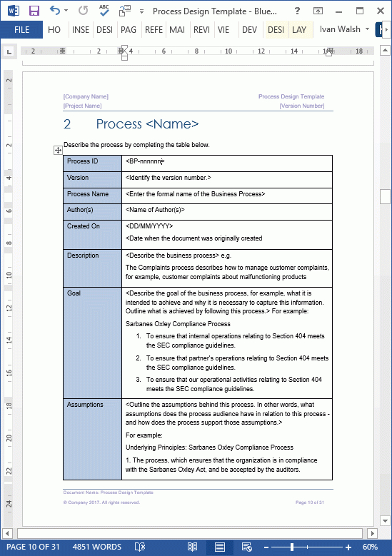 Business Process Design Templates (Ms Office) for Business Process Document Template