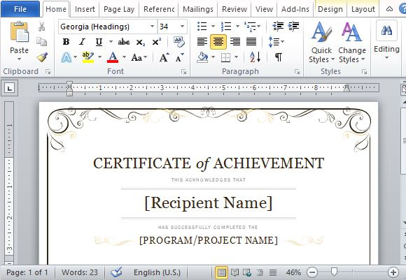 Certificate Of Achievement Template For Word 2013 throughout Microsoft Word Certificate Templates