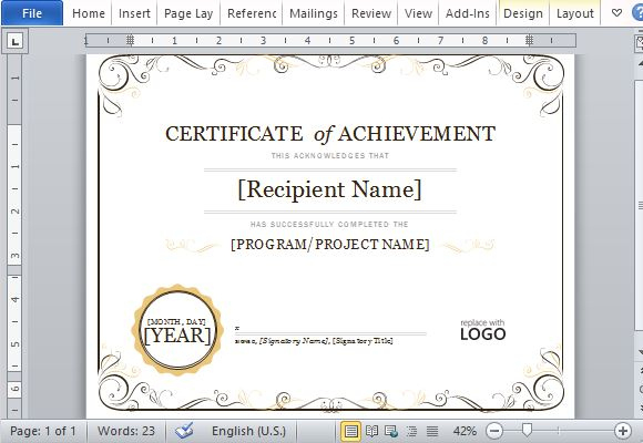 Certificate Of Achievement Template For Word 2013 throughout Word Certificate Of Achievement Template
