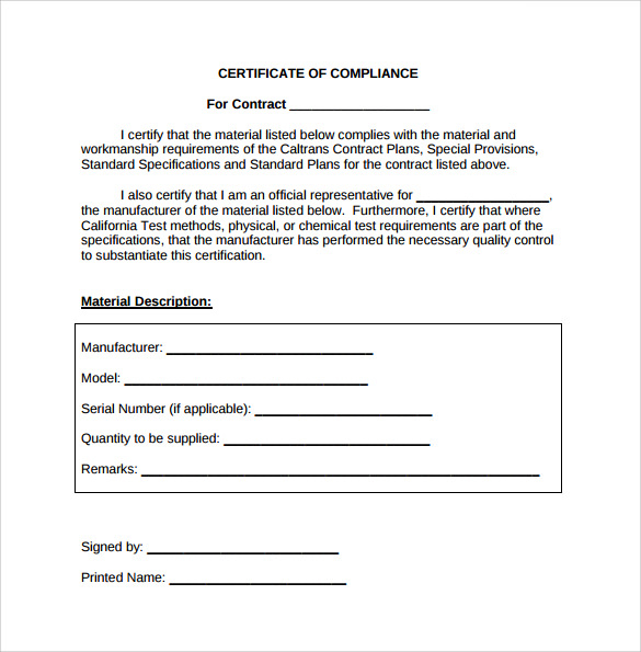 Certificate Of Compliance Template (4 with regard to Certificate Of Compliance Template