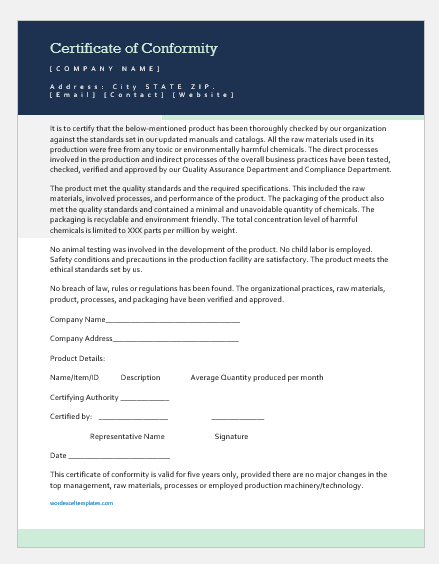 Certificate Of Conformity Template For Word | Word &amp; Excel in Certificate Of Conformity Template