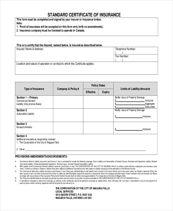 Certificate Of Insurance Template (7 with regard to Certificate Of Insurance Template