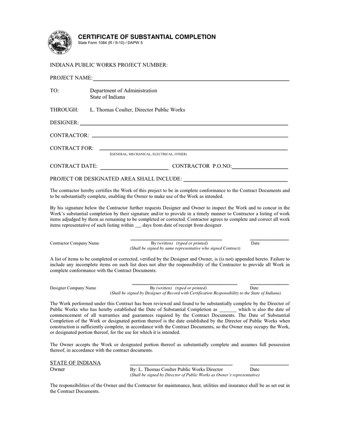 Certificate Of Substantial Completion Template (2 for Certificate Of Substantial Completion Template