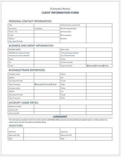 Client Information Form Template For Word | Word &amp; Excel throughout Business Information Form Template