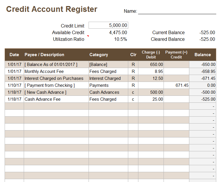 Credit Account Register Template within Credit Card Bill Template