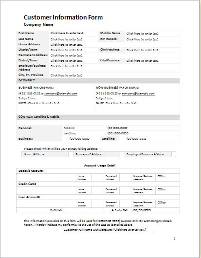 Customer Information Form Template For Word | Word &amp; Excel within Business Information Form Template