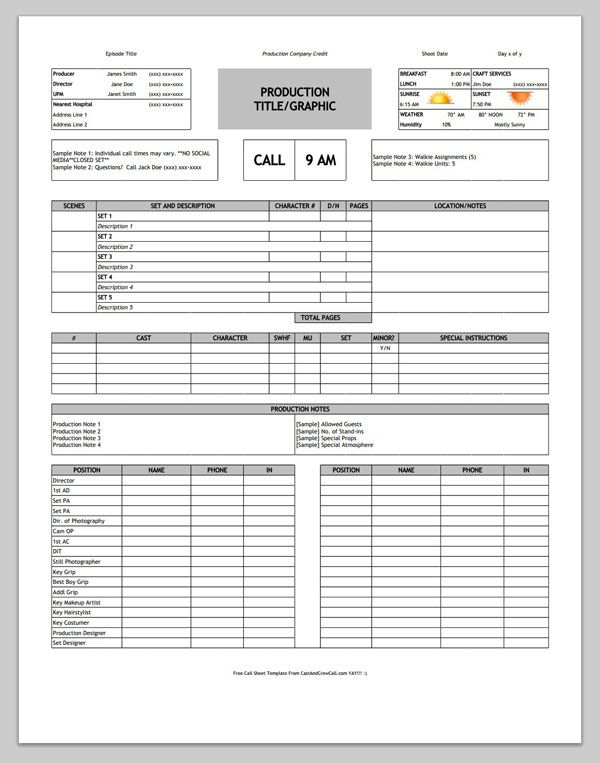 Download A Free Film Call Sheet Template And Stay On in Blank Call Sheet Template
