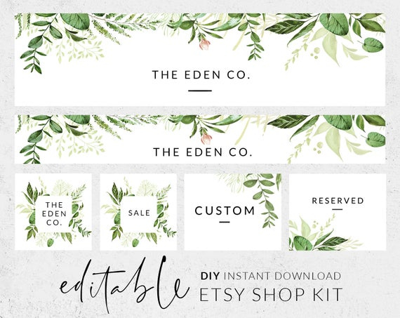 Etsy Shop Design, Set Etsy Banner, Etsy Shop Kit Template, Watercolor  Greenery Banner For Etsy, Etsy Store Banner, Diy Etsy Banner Set with Etsy Banner Template