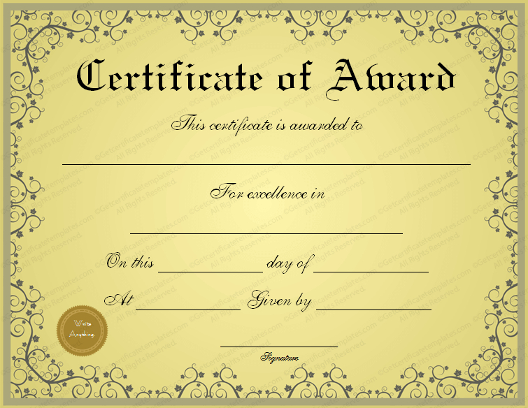 Free Golden Formal Award Certificate Template | Awards inside Sample Award Certificates Templates