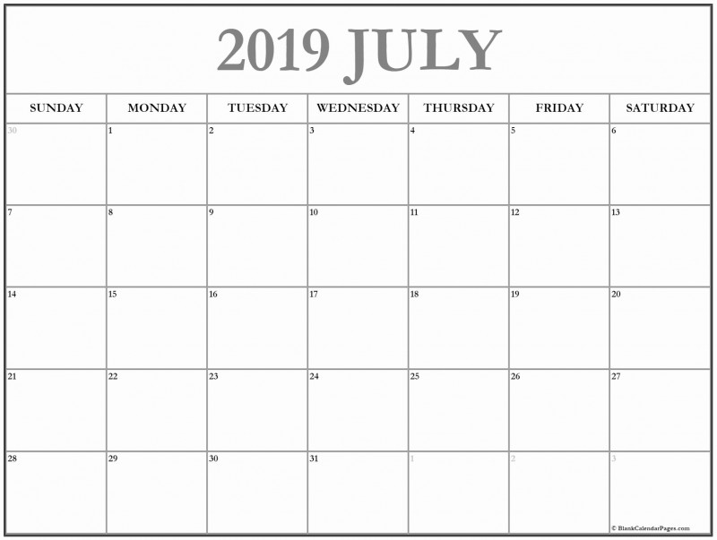Full Page Blank Calendar Template Unique Editable July 2019 intended for Full Page Blank Calendar Template