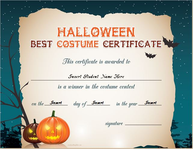 Halloween Best Costume Certificate Templates | Word &amp; Excel regarding Halloween Costume Certificate Template
