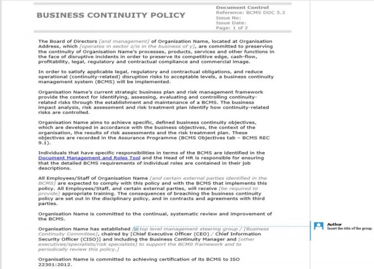 business continuity management group policy