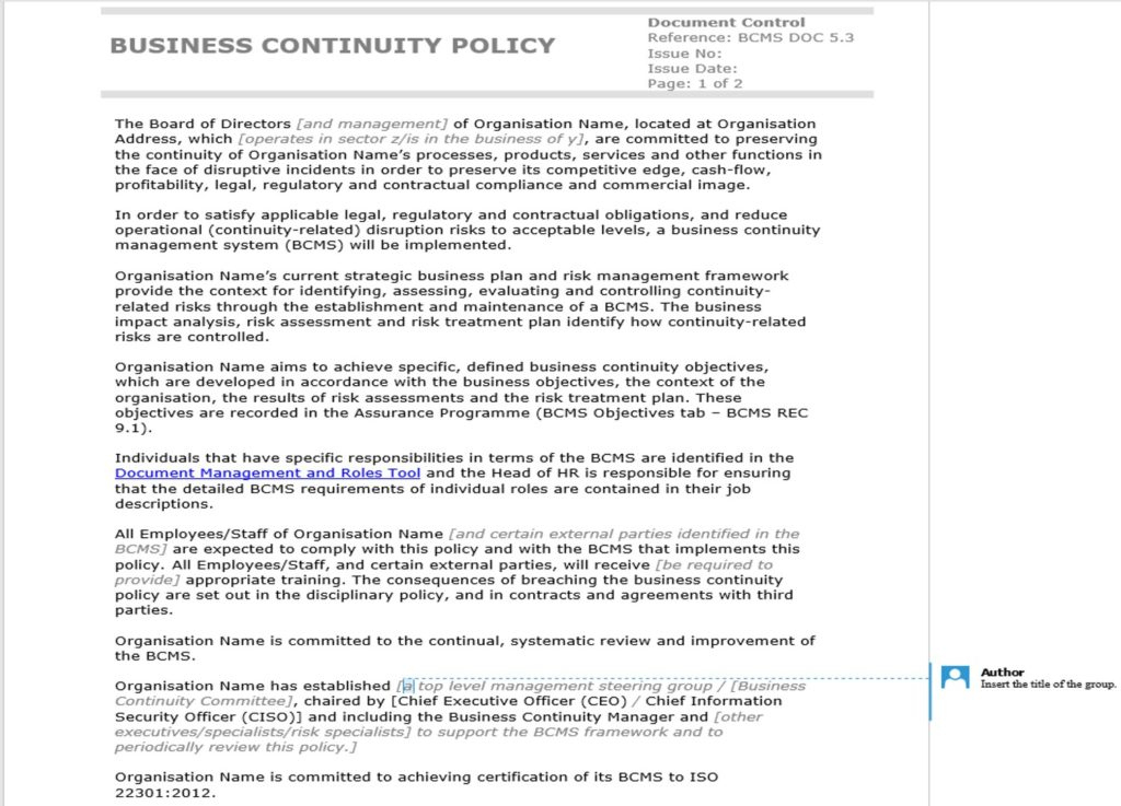 How To Write An Iso 22301-Compliant Business Continuity within Business Continuity Management Policy Template