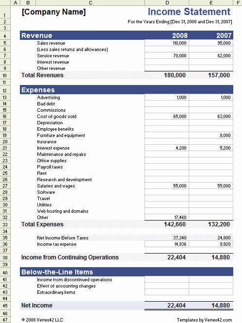 Income Statement Template For Excel pertaining to Financial Statement For Small Business Template