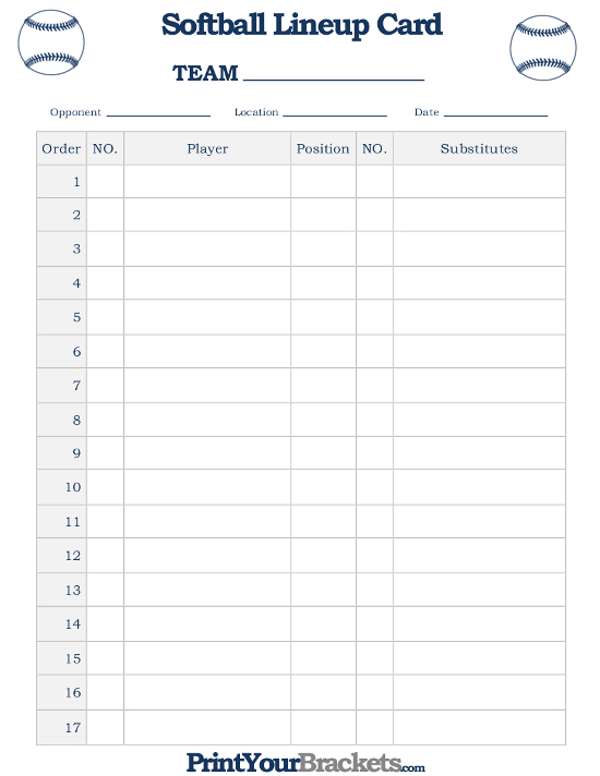 Printable Softball Lineup Card - Free | Baseball Lineup for Softball Lineup Card Template
