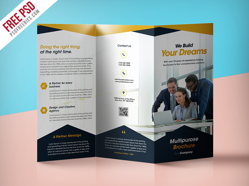 Professional Corporate Tri Fold Brochure Free Psd Template within Free Tri Fold Business Brochure Templates