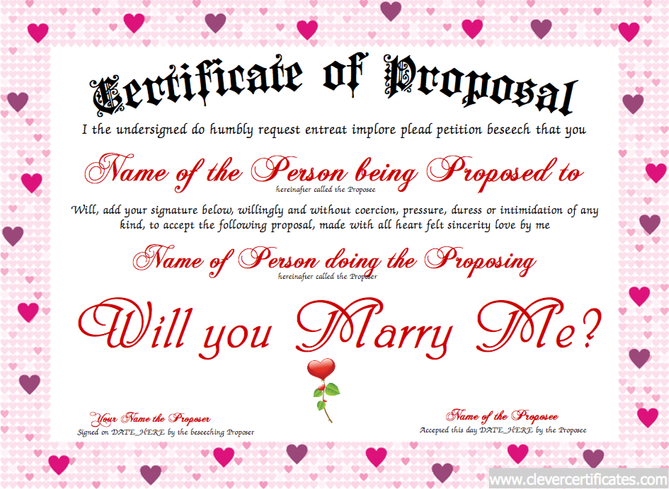 Proposal Certificate Designer | Free Certificate Templates regarding Love Certificate Templates