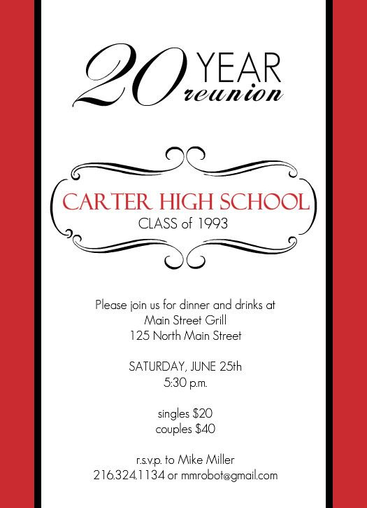 Reunion Invitations - Classic Red And White 20 Year Class intended for Reunion Invitation Card Templates