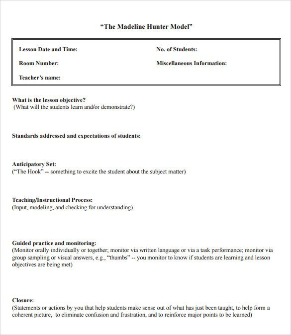 Sample Madeline Hunter Lesson Plan Templates – 10+ Free throughout Madeline Hunter Lesson Plan Template Blank