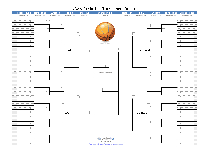 Tournament Bracket Templates For Excel - 2020 March Madness regarding Blank Ncaa Bracket Template