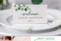Wedding Place Card Template Tent | Eucalyptus Leaves intended for Table Place Card Template Free Download