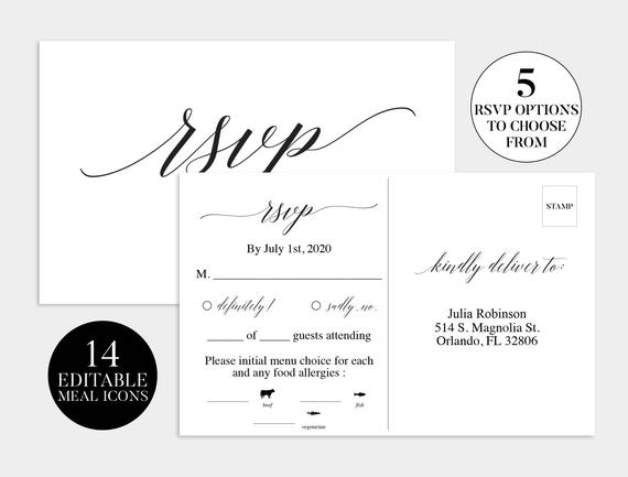 Wedding Rsvp Card | Wedding Rsvp Template | Wedding Rsvp Postcard |  Printable Response Card Template | Printable Cards &amp; Meal Choice Icons pertaining to Template For Rsvp Cards For Wedding