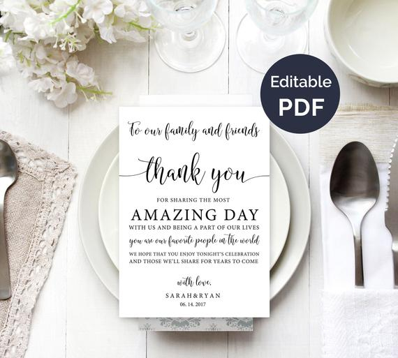 Wedding Thank You Note Template, Wedding Table Thank You, Thank You Card,  Reception Thank You Cards, Guest Thank You, Diy Template with regard to Template For Wedding Thank You Cards