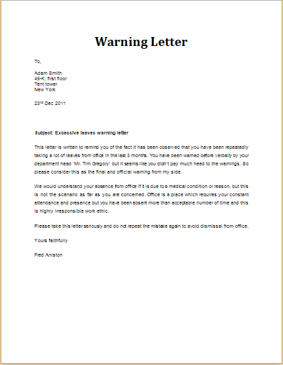 5 Warning Letter Sample Templates | Word &amp; Excel Templates inside Letter Of Reprimand Template