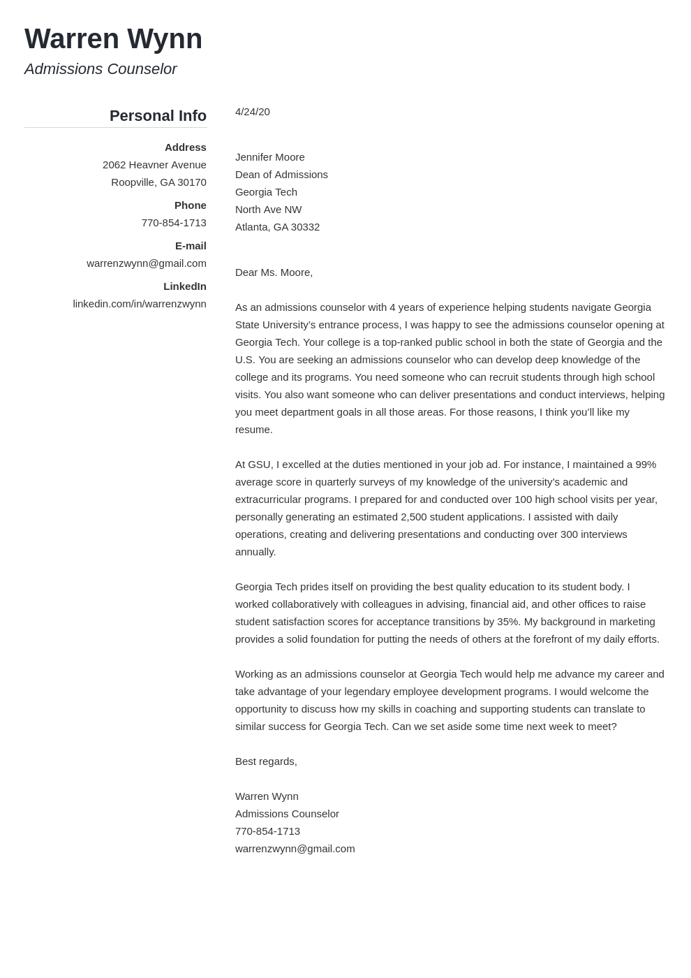 Admissions Counselor Cover Letter Examples &amp; Writing Guide within Letter Of Counseling Template