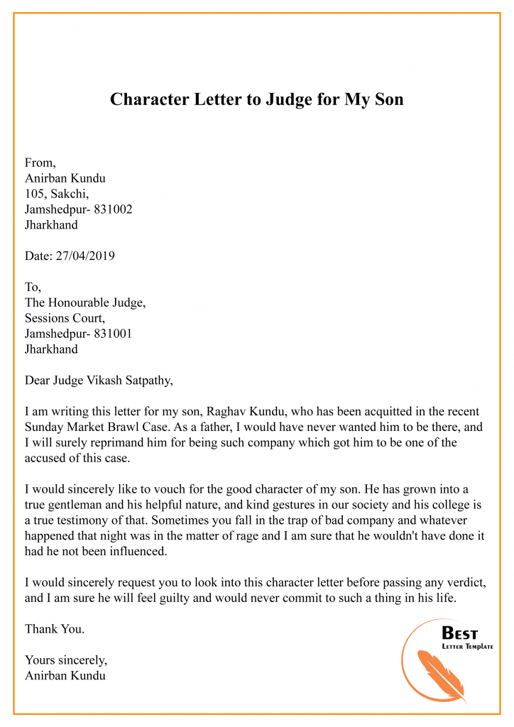 Character Reference Letter To Judge - Format, Sample in Letter To A Judge Template