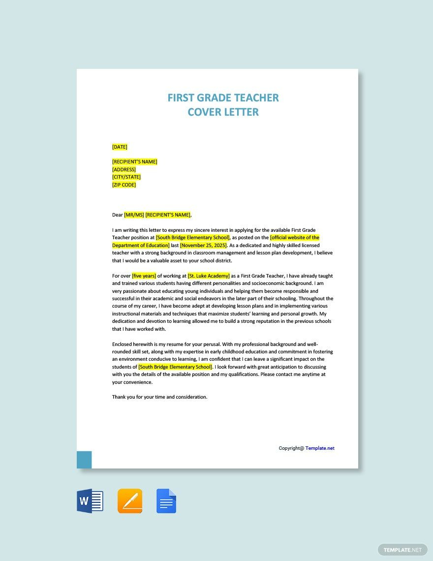 Free First Grade Teacher Cover Letter Template - Word throughout Google Cover Letter Template