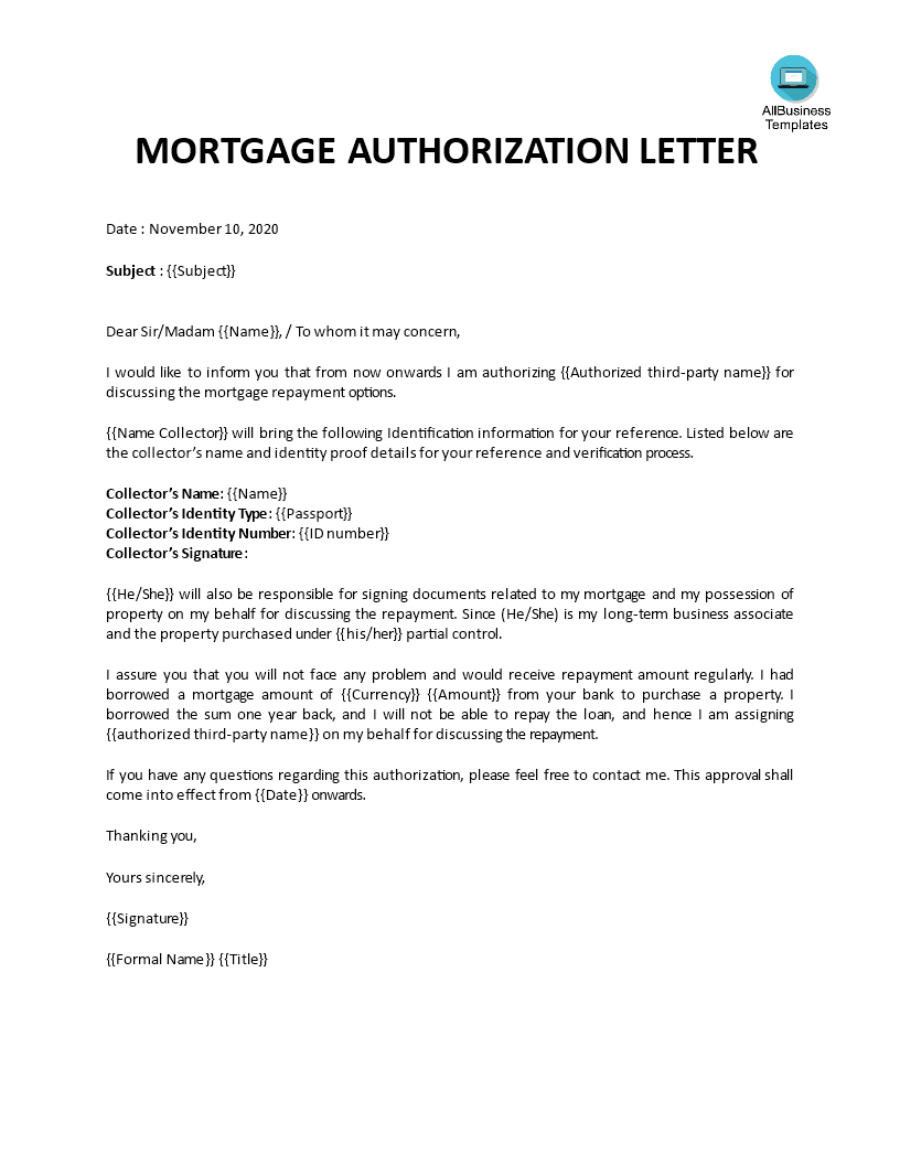 Mortgage Authorization Letter Template | Templates At for Mortgage Letter Templates
