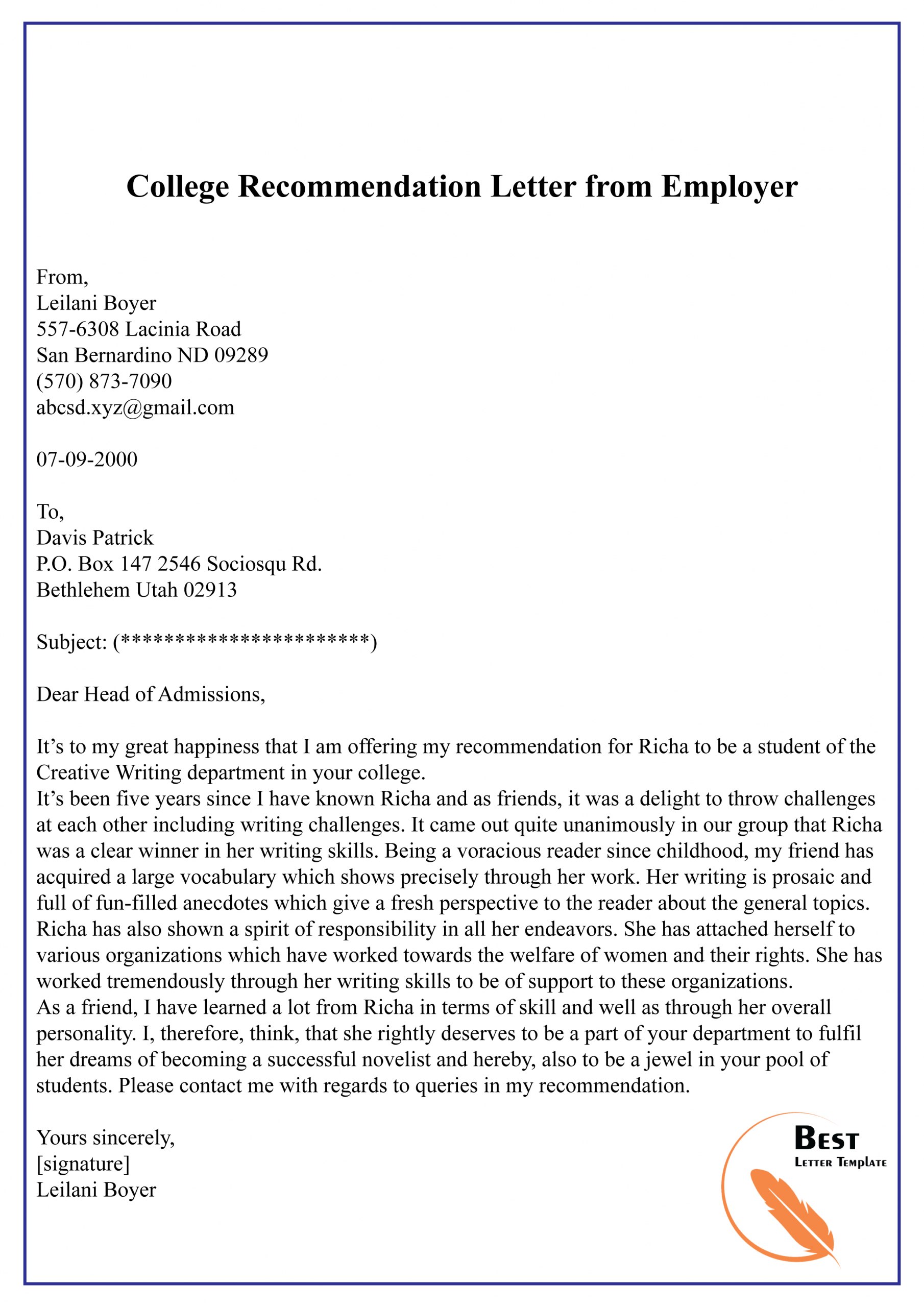 Recommendation Letter For University From Employer inside Letter Of Recomendation Template