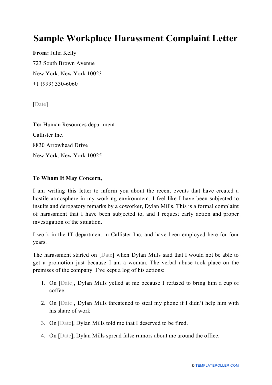 Sample Workplace Harassment Complaint Letter Download in Grievance Template Letters