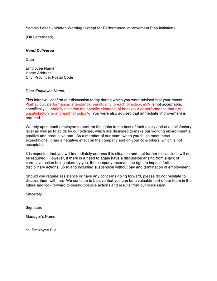Warning Letter Sample - Download Free Documents For Pdf pertaining to Letter Of Reprimand Template