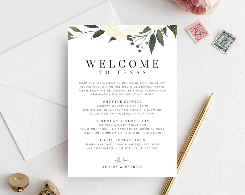 Welcome Letter Template Wedding Itinerary Card Welcome Bag with Welcome Bag Letter Template
